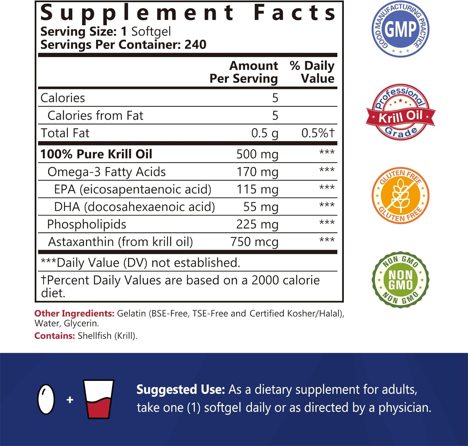 Antarctic Krill Oil Softgels 500mg - Omega-3s, EPA, DHA, Astaxanthin, Phospholipids - Joint & Heart Health - 240 Softgels - Non-GMO - Gluten-Free - USA Made