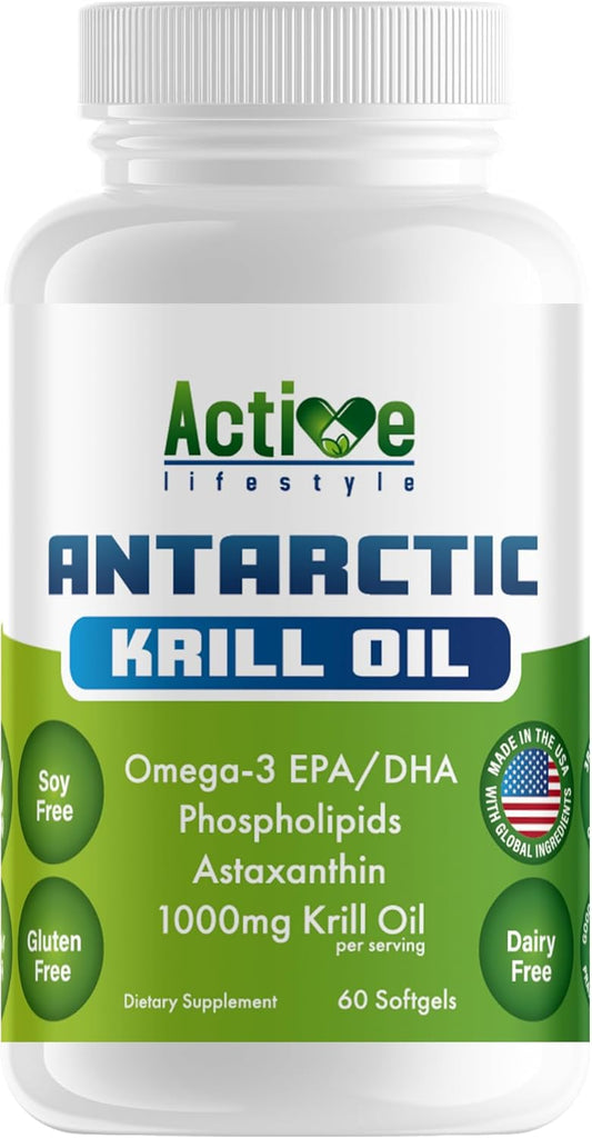 Antarctic Krill Oil Softgels for Active Men & Women | Omega-3 EPA, DHA, Astaxanthin | Joint, Heart, Skin & Memory Support | 1000mg 60ct