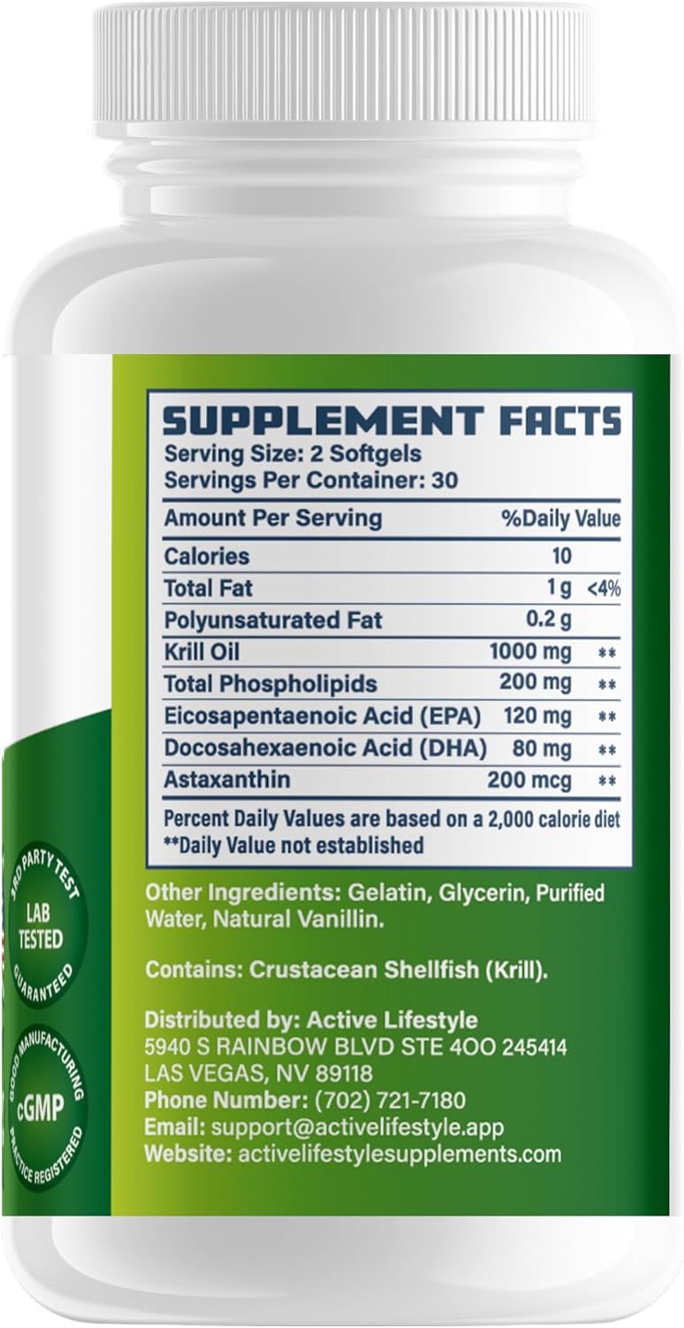 Antarctic Krill Oil Softgels for Active Men & Women | Omega-3 EPA, DHA, Astaxanthin | Joint, Heart, Skin & Memory Support | 1000mg 60ct