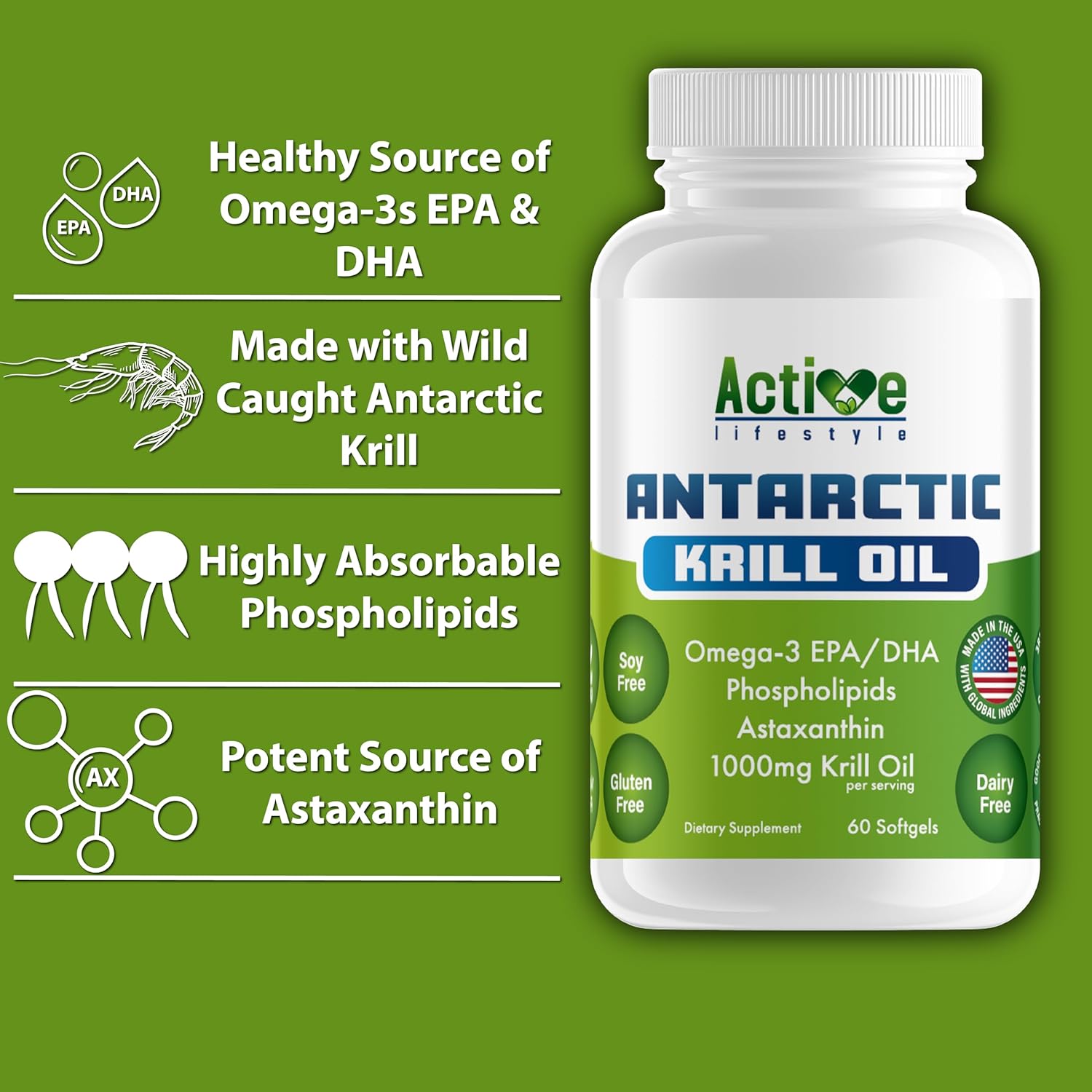 Antarctic Krill Oil Softgels for Active Men & Women | Omega-3 EPA, DHA, Astaxanthin | Joint, Heart, Skin & Memory Support | 1000mg 60ct