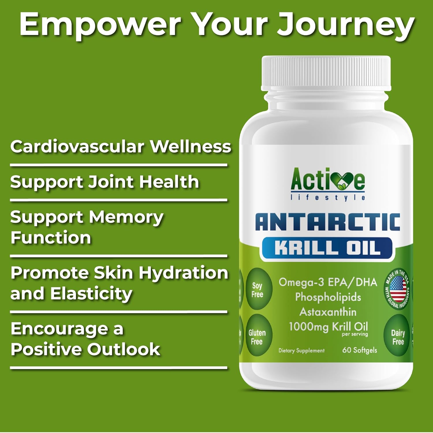 Antarctic Krill Oil Softgels for Active Men & Women | Omega-3 EPA, DHA, Astaxanthin | Joint, Heart, Skin & Memory Support | 1000mg 60ct