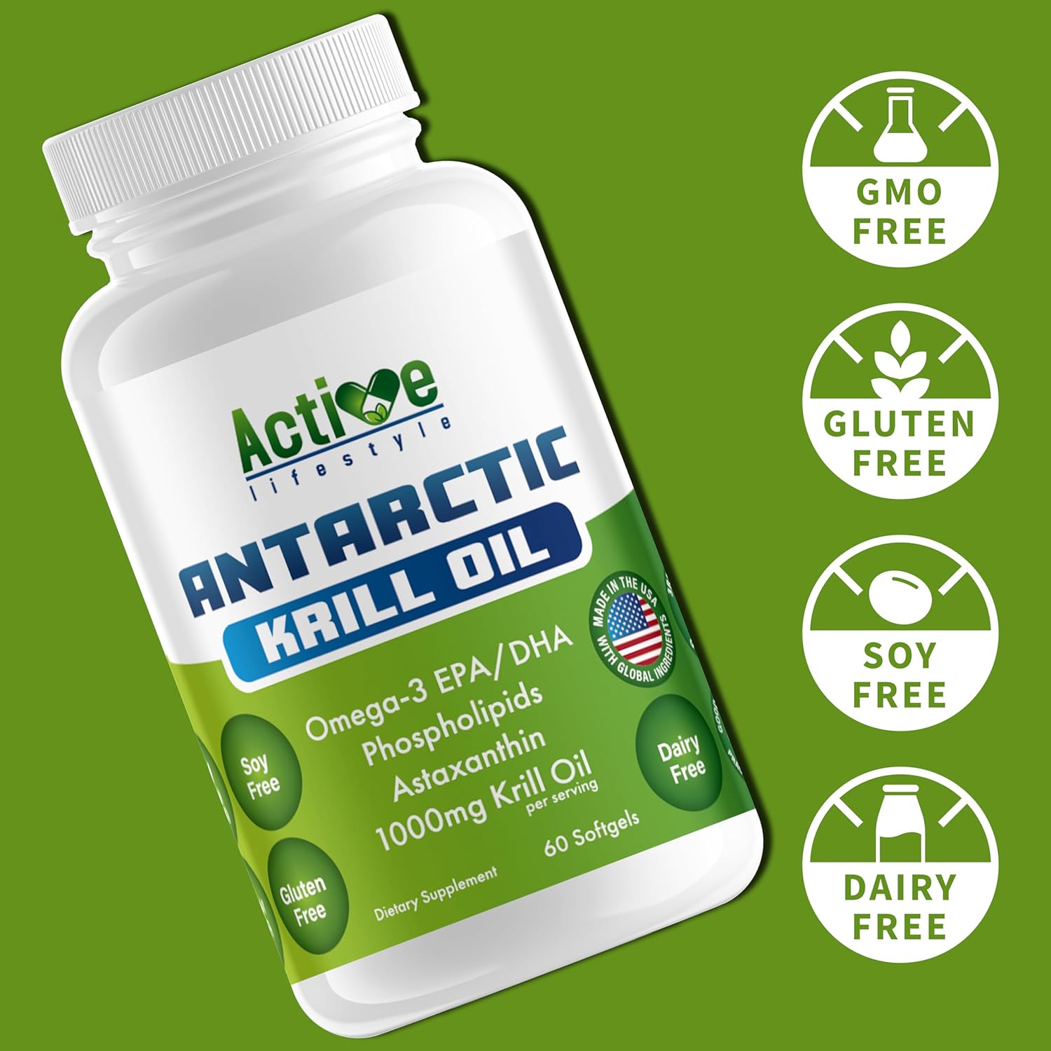 Antarctic Krill Oil Softgels for Active Men & Women | Omega-3 EPA, DHA, Astaxanthin | Joint, Heart, Skin & Memory Support | 1000mg 60ct