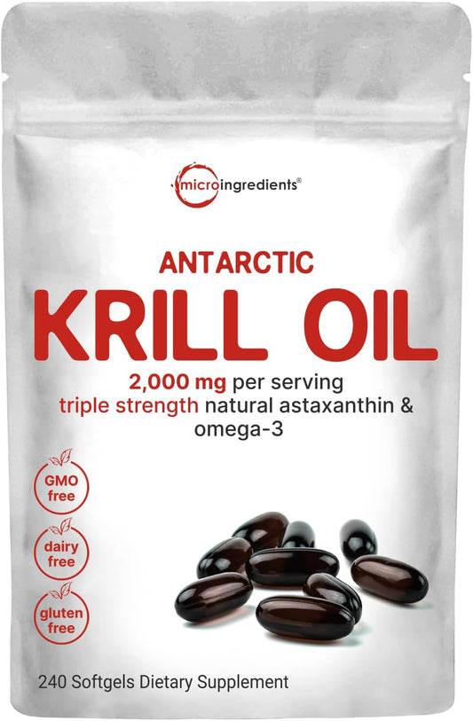 Antarctic Krill Oil Supplement 2000mg, 240 Softgels, Omega-3 EPA, DHA, Astaxanthin, Immune & Brain Support