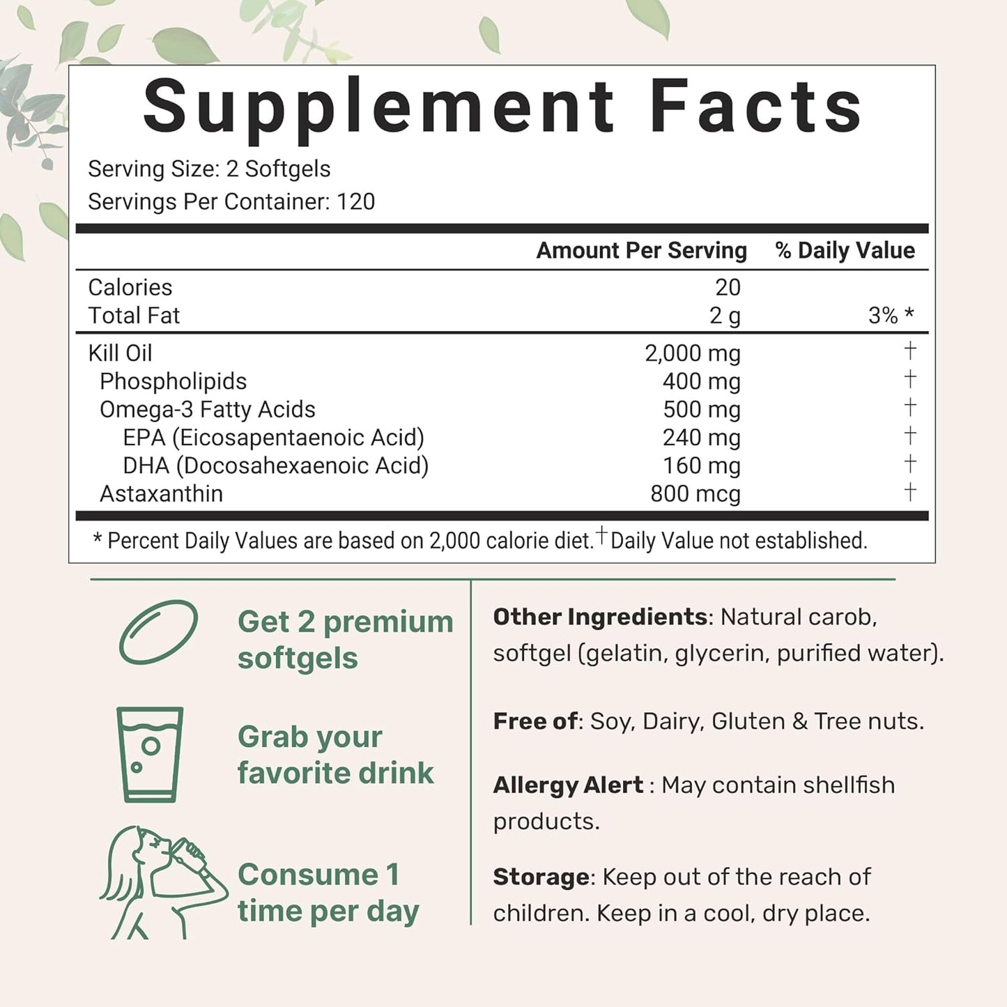 Antarctic Krill Oil Supplement 2000mg, 240 Softgels, Omega-3 EPA, DHA, Astaxanthin, Immune & Brain Support