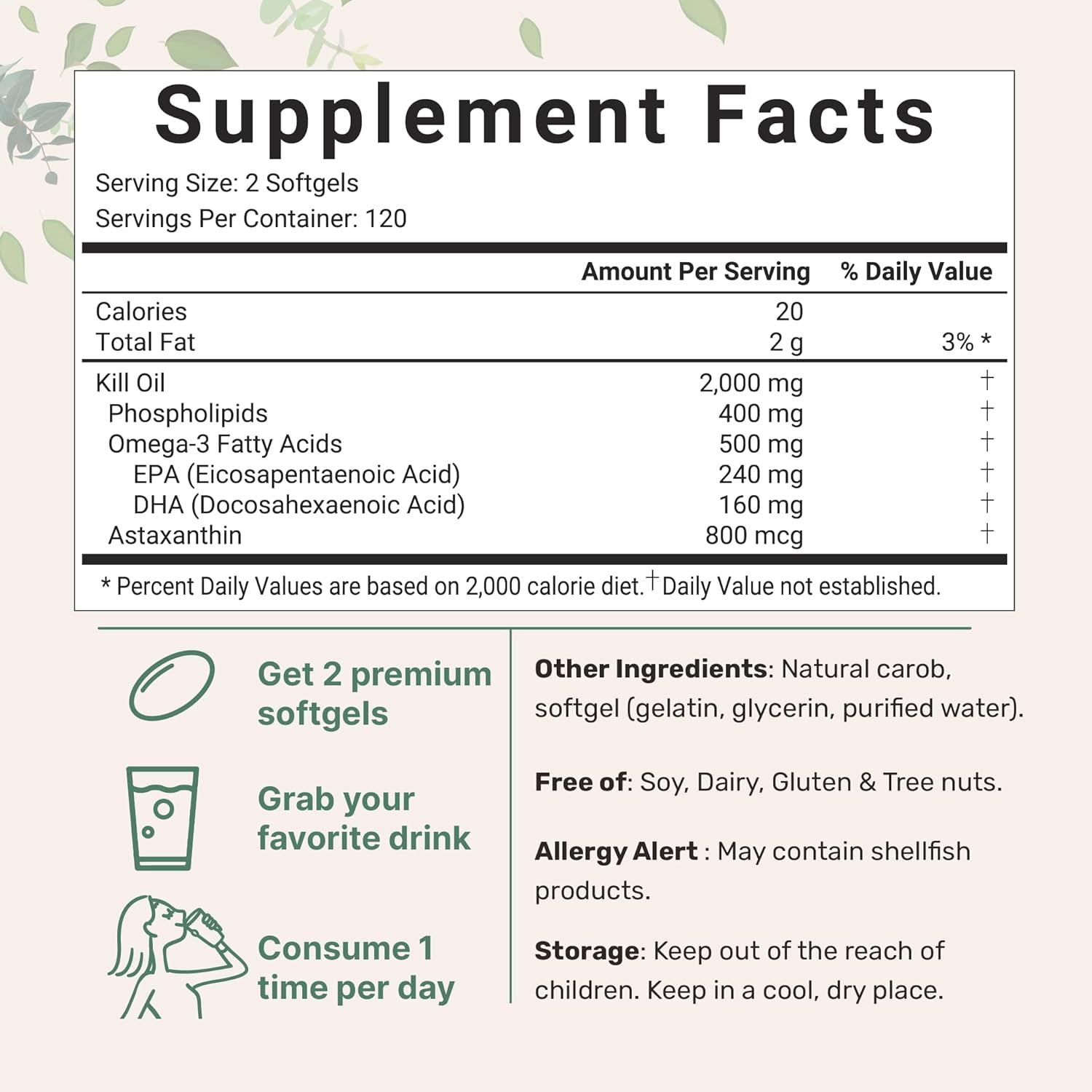 Antarctic Krill Oil Supplement 2000mg, 240 Softgels, Omega-3 EPA, DHA, Astaxanthin, Immune & Brain Support