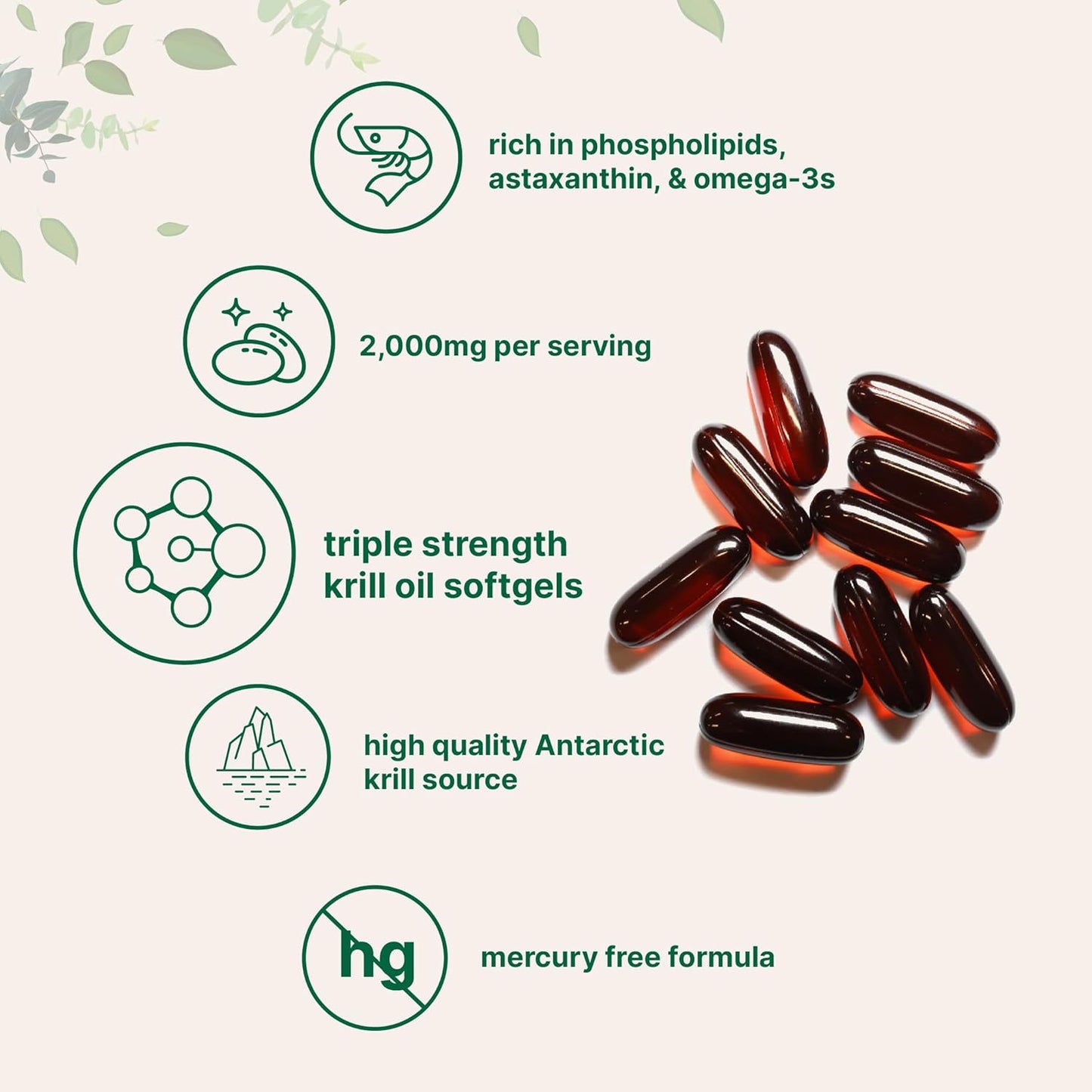 Antarctic Krill Oil Supplement 2000mg, 240 Softgels, Omega-3 EPA, DHA, Astaxanthin, Immune & Brain Support