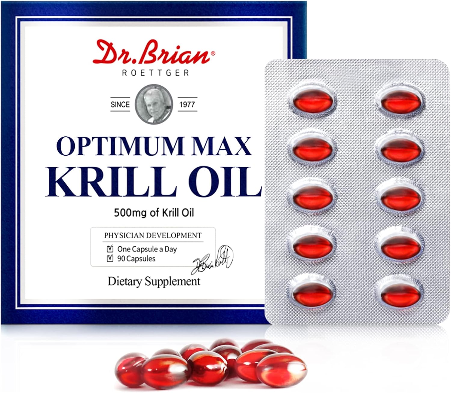 Antarctic Krill Oil Supplement 500mg with Omega 3 EPA, DHA, Astaxanthin - Non-GMO 90 Softgels by Dr. Brian Roettger