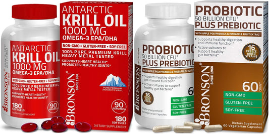 Antarctic Krill Oil with Probiotic 50 Billion CFU, Prebiotic, Apple Polyphenols, Pineapple Extract, Omega-3s EPA DHA