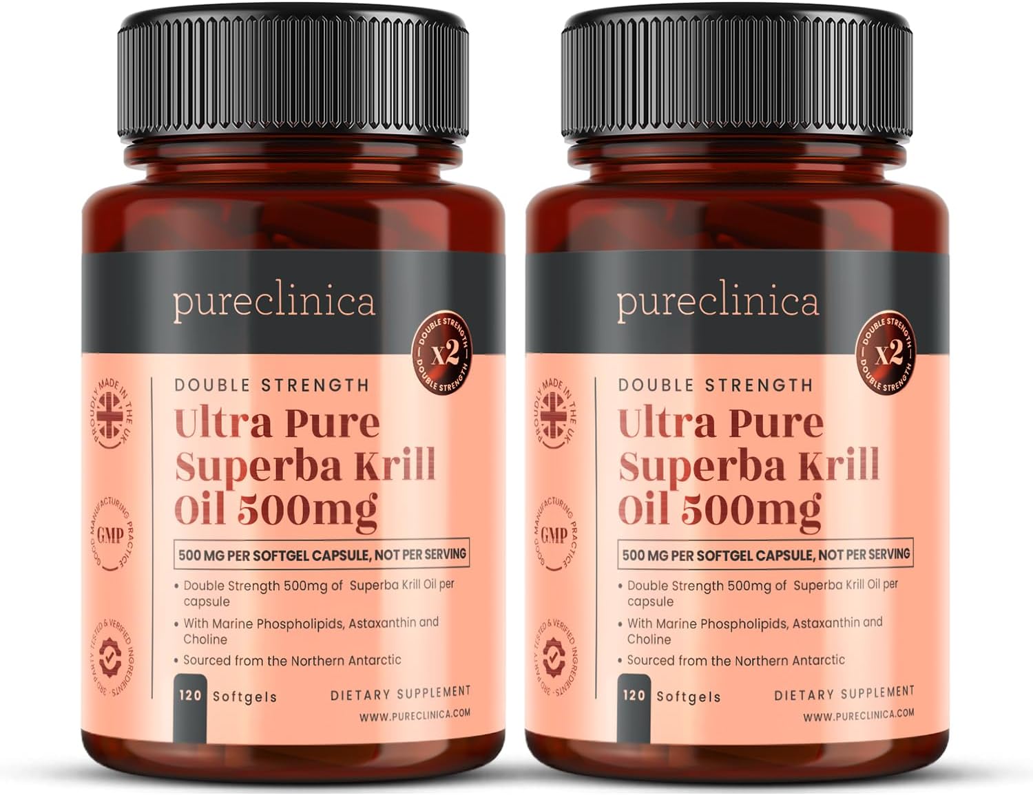 Antarctic Sourced Ultra Pure Krill Oil Capsules - 500mg x 240 (2 Bottles) with Astaxanthin, Omega 3, and Vitamin D for Optimal Health