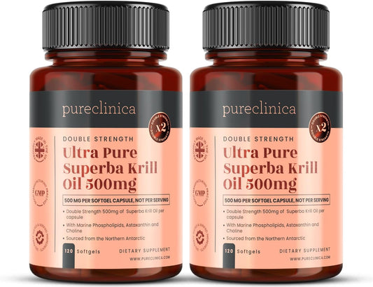 Antarctic Sourced Ultra Pure Krill Oil Capsules - 500mg x 240 (2 Bottles) with Astaxanthin, Omega 3, and Vitamin D for Optimal Health