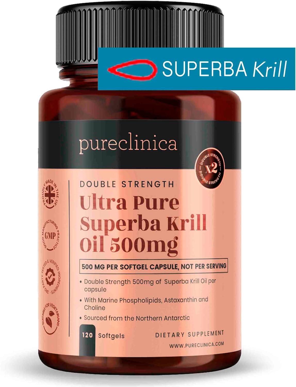 Antarctic Sourced Ultra Pure Krill Oil Capsules - 500mg x 240 (2 Bottles) with Astaxanthin, Omega 3, and Vitamin D for Optimal Health