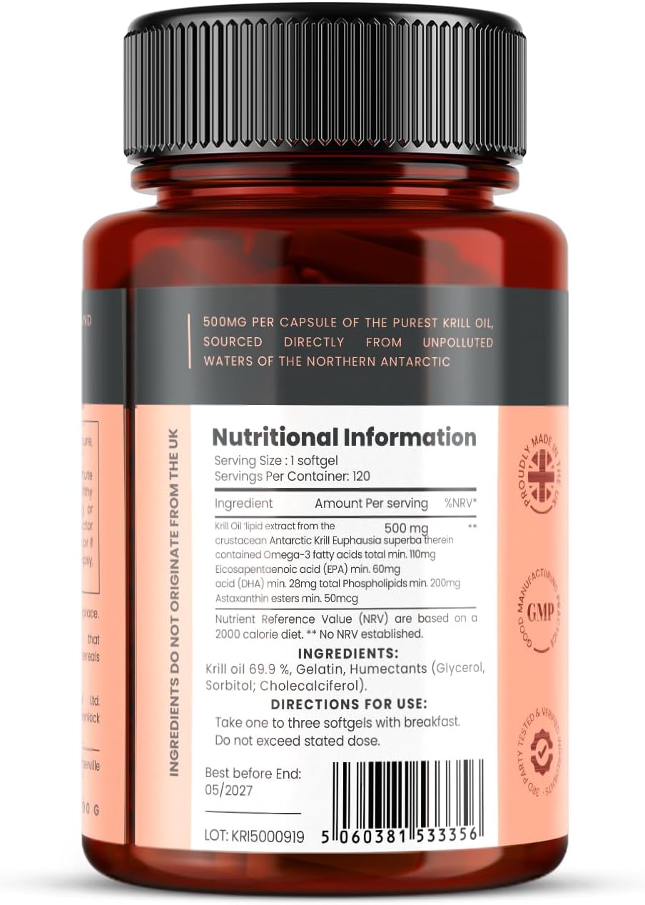 Antarctic Sourced Ultra Pure Krill Oil Capsules - 500mg x 240 (2 Bottles) with Astaxanthin, Omega 3, and Vitamin D for Optimal Health