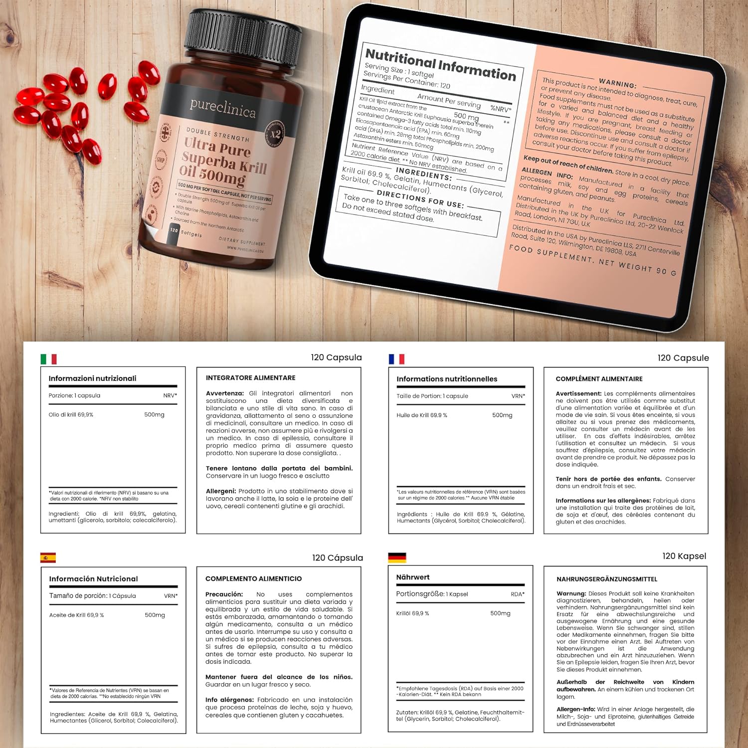 Antarctic Sourced Ultra Pure Krill Oil Capsules - 500mg x 240 (2 Bottles) with Astaxanthin, Omega 3, and Vitamin D for Optimal Health