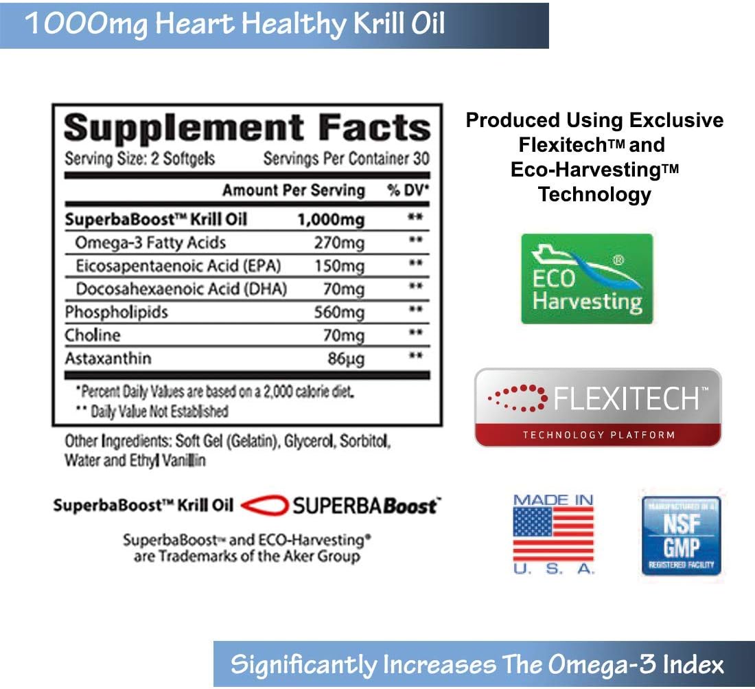 Antarctic Superba Boost Krill Oil Supplement - Phospholipid Omega-3 with Astaxanthin for Heart Health - 1000mg, 100% Traceable