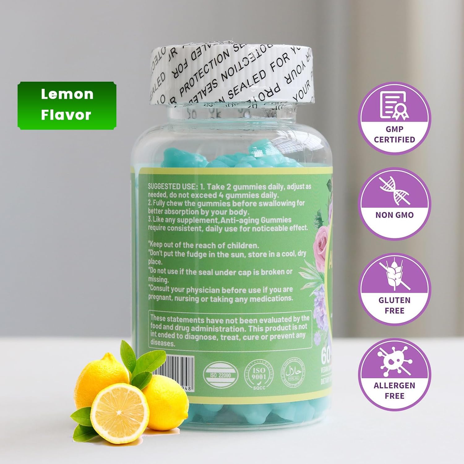 Anti-Aging Lemon Gummies - Supports Skin Rejuvenation, Wrinkle Reduction, and Firmness - 60 Count