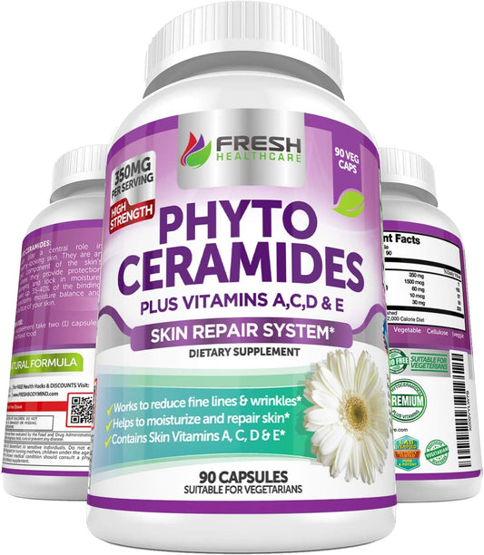 Anti Aging Phytoceramides with Skin Vitamins A,C,D & E - 3 Month Supply for Skin Repair & Rejuvenation by Fresh Healthcare
