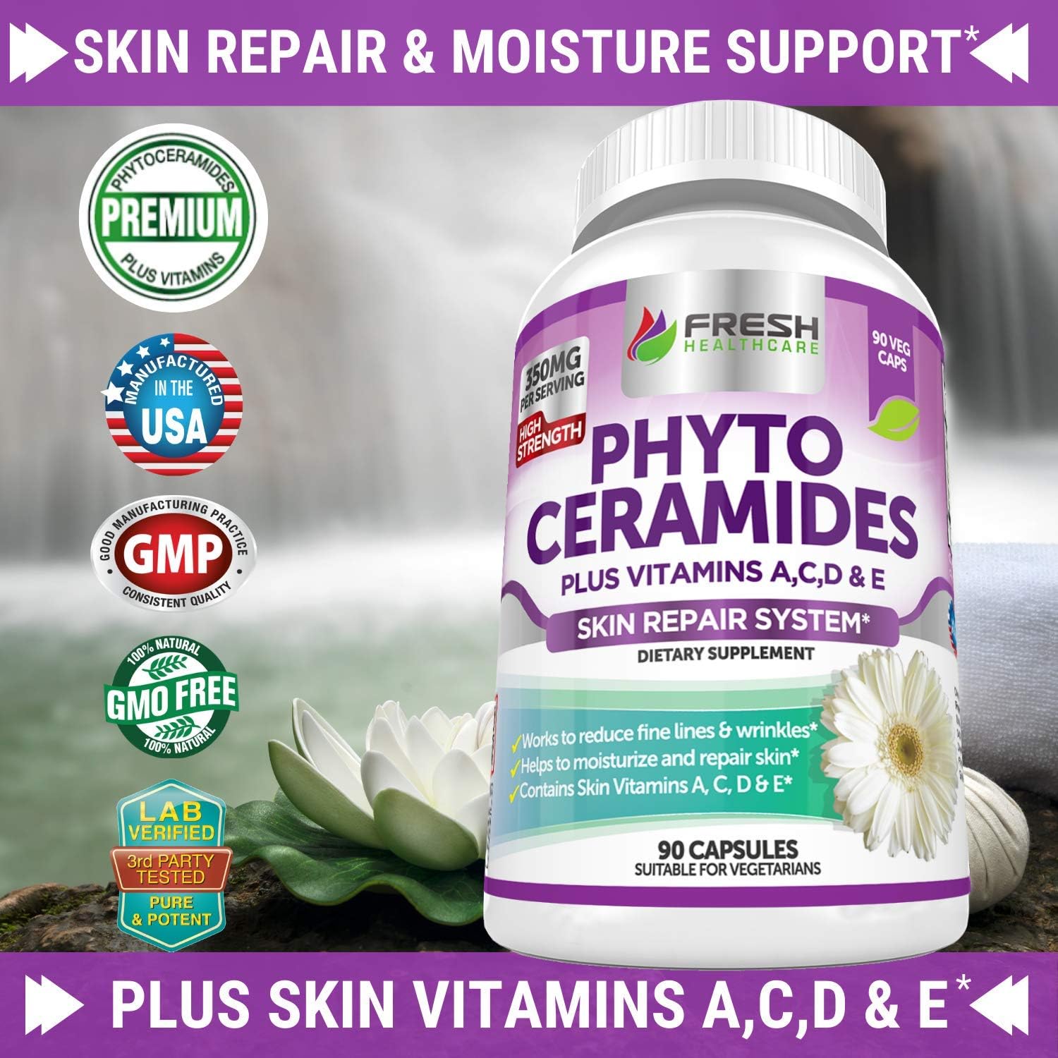 Anti Aging Phytoceramides with Skin Vitamins A,C,D & E - 3 Month Supply for Skin Repair & Rejuvenation by Fresh Healthcare