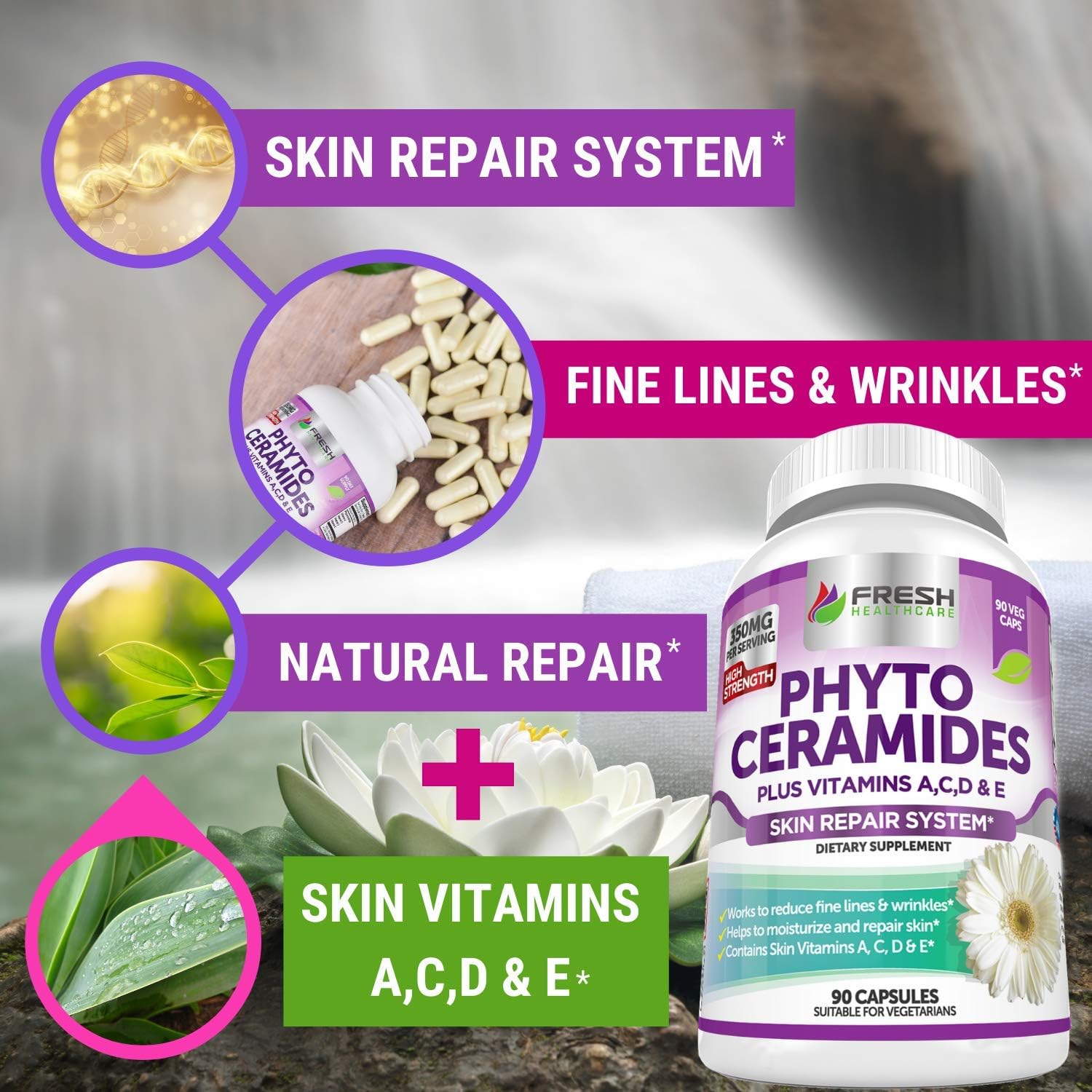 Anti Aging Phytoceramides with Skin Vitamins A,C,D & E - 3 Month Supply for Skin Repair & Rejuvenation by Fresh Healthcare