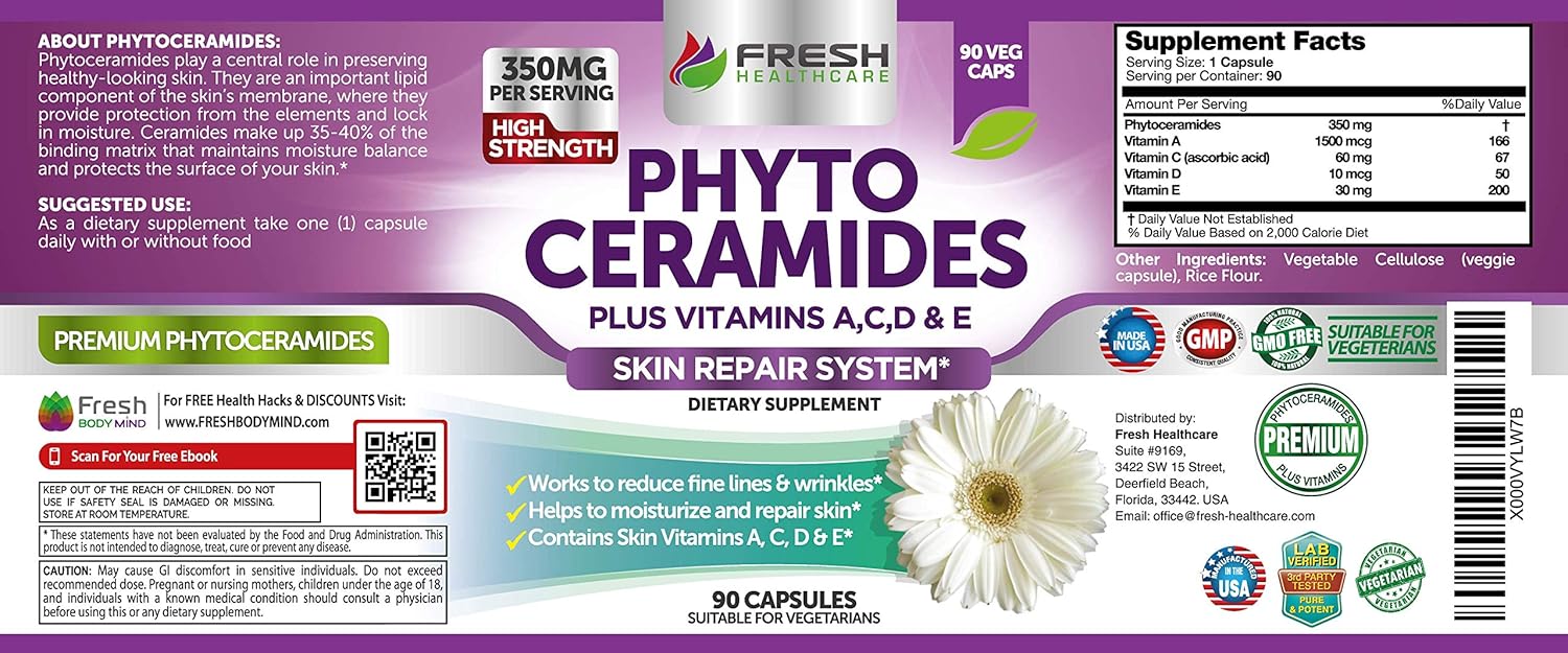 Anti Aging Phytoceramides with Skin Vitamins A,C,D & E - 3 Month Supply for Skin Repair & Rejuvenation by Fresh Healthcare