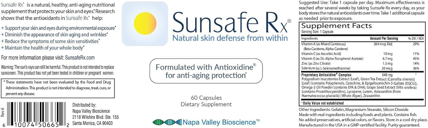 Anti Aging Skin Protection Pills with Antioxidants for Youthful Appearance & Eye Health - Sunsafe Rx Supplement with Vitamins & Minerals