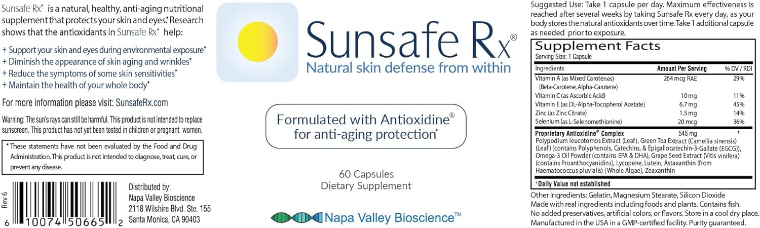 Anti Aging Skin Protection Pills with Antioxidants for Youthful Appearance & Eye Health - Sunsafe Rx Supplement with Vitamins & Minerals