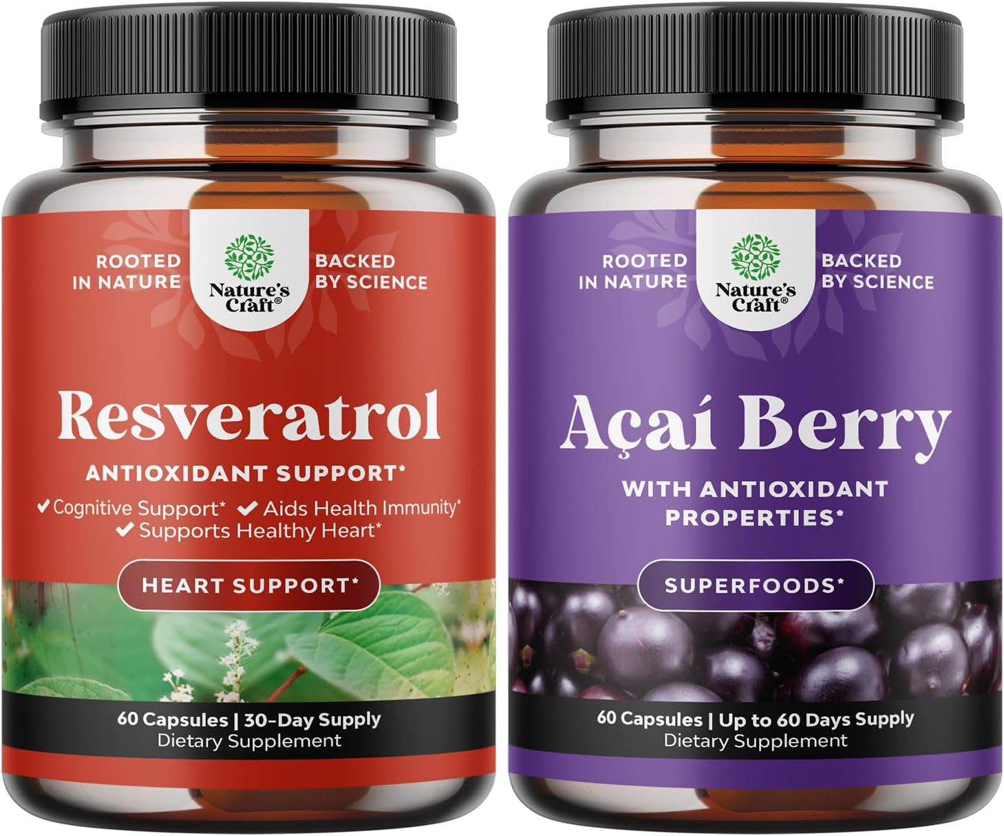 Anti Aging Trans Resveratrol and Acai Berry Capsules Bundle - Natural Antioxidant Joint Support and Brain Booster with Heart Health Benefits - Energy Boost Supplement