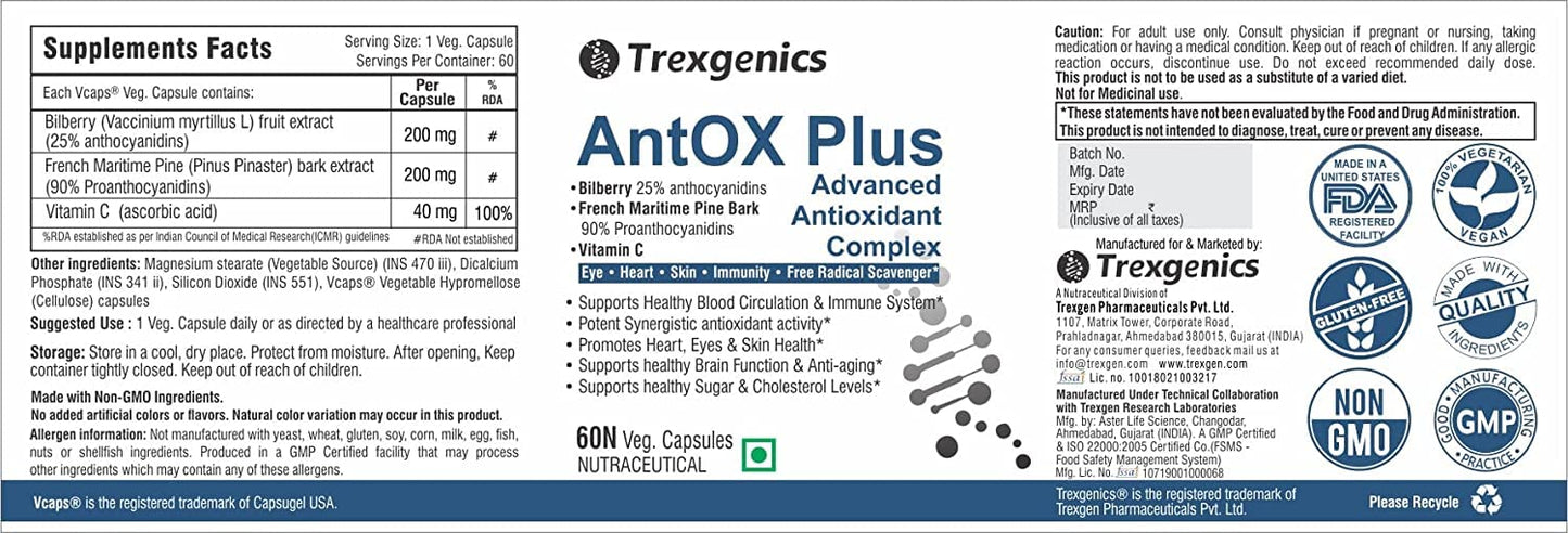 Antioxidant Complex with Bilberry, Pine Bark, and Vitamin C for Heart, Eyes, Skin, Immunity, and Metabolism - 60 Vcaps