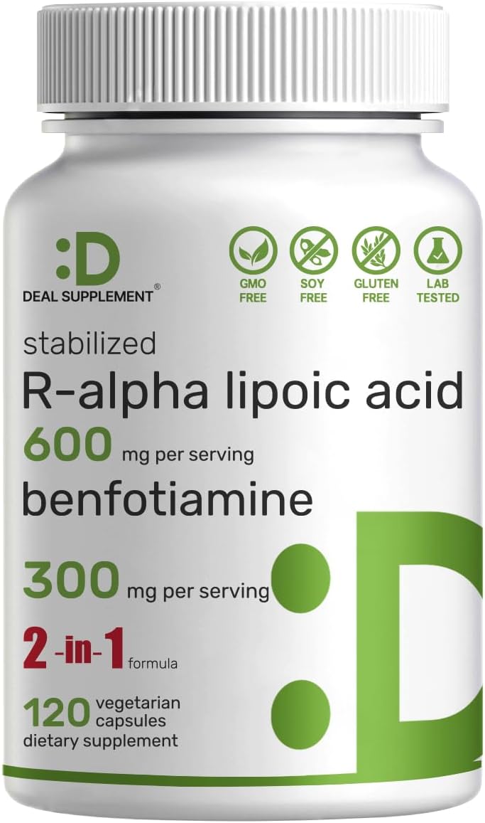 Antioxidant Energy Support Supplement with R Alpha Lipoic Acid and Benfotiamine - 120 Capsules