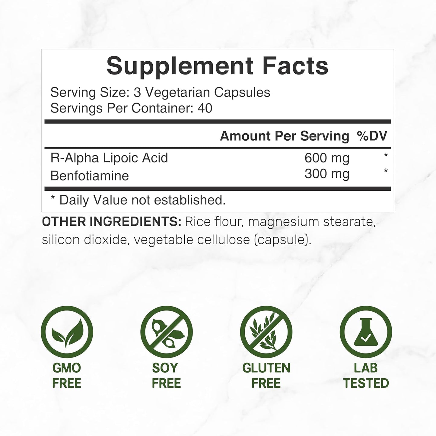 Antioxidant Energy Support Supplement with R Alpha Lipoic Acid and Benfotiamine - 120 Capsules