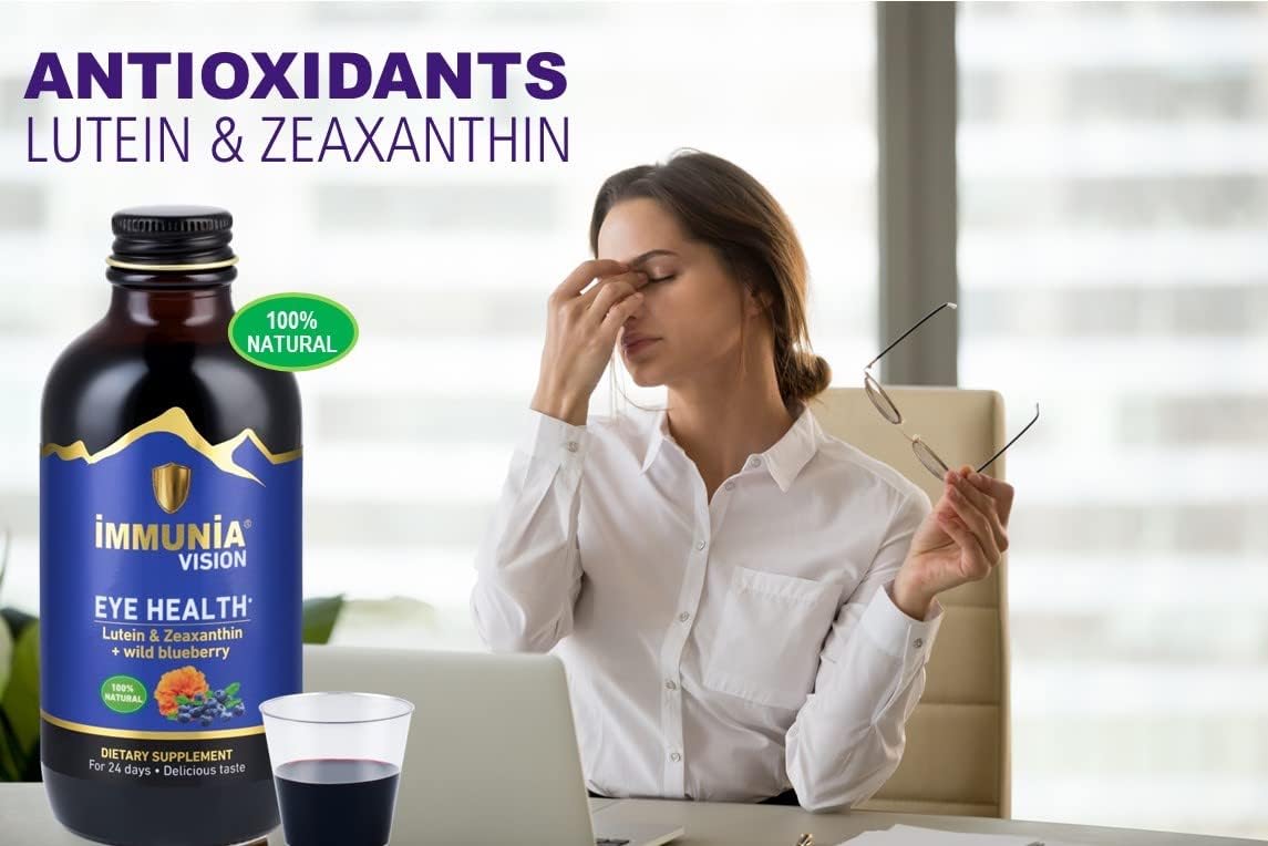 Antioxidant Eye Health Supplement with Lutein, Wild Blueberry, and Elderberry. Concentrated Formula with Delicious Taste. 5 ml Daily.
