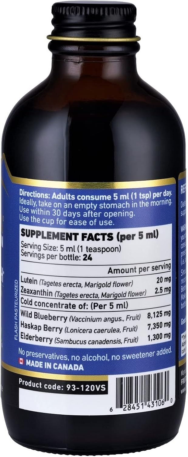 Antioxidant Eye Health Supplement with Lutein, Wild Blueberry, and Elderberry. Concentrated Formula with Delicious Taste. 5 ml Daily.
