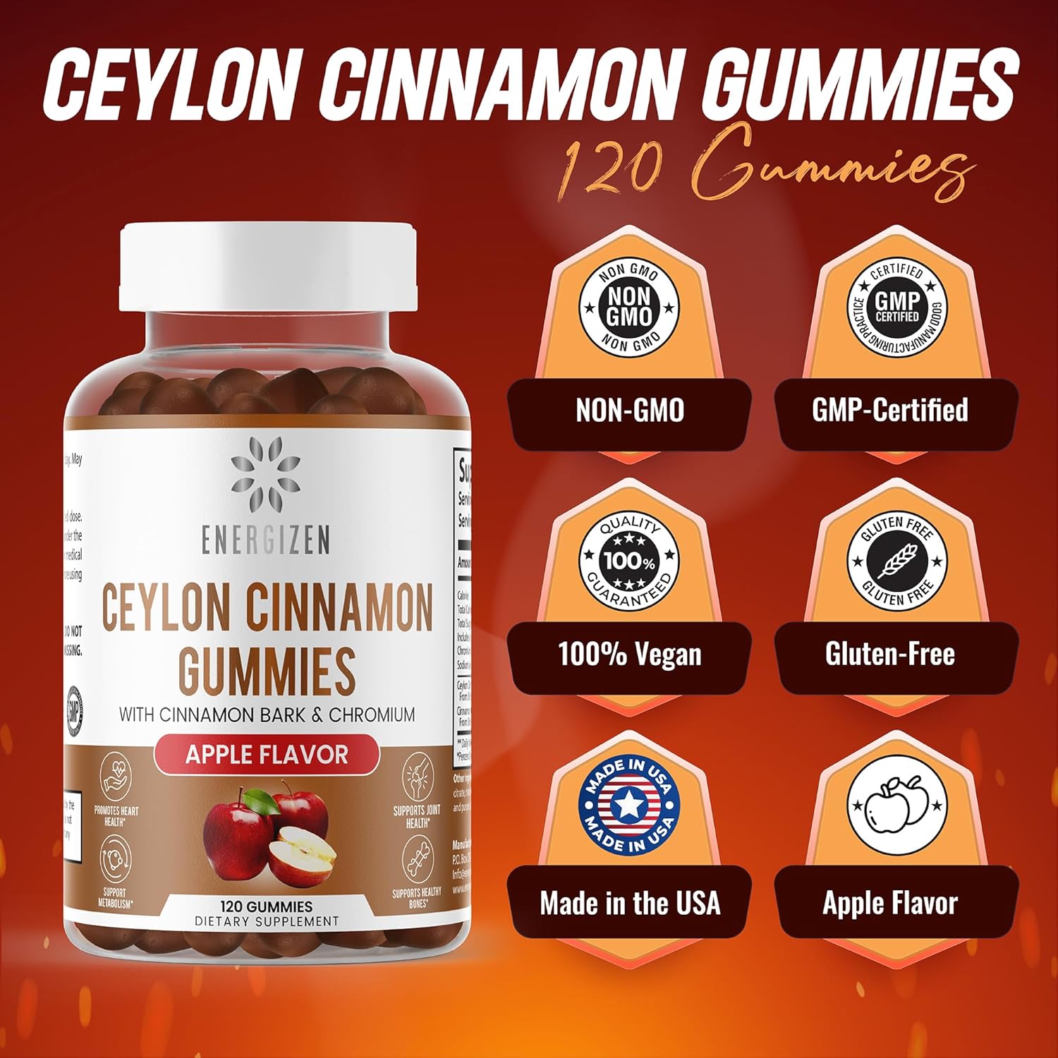Antioxidant-Rich Cinnamon + Chromium Vegan Gummies - 120 Count - Joint & Brain Support, Sugar-Free, Non-GMO, Gluten-Free - Apple Flavor