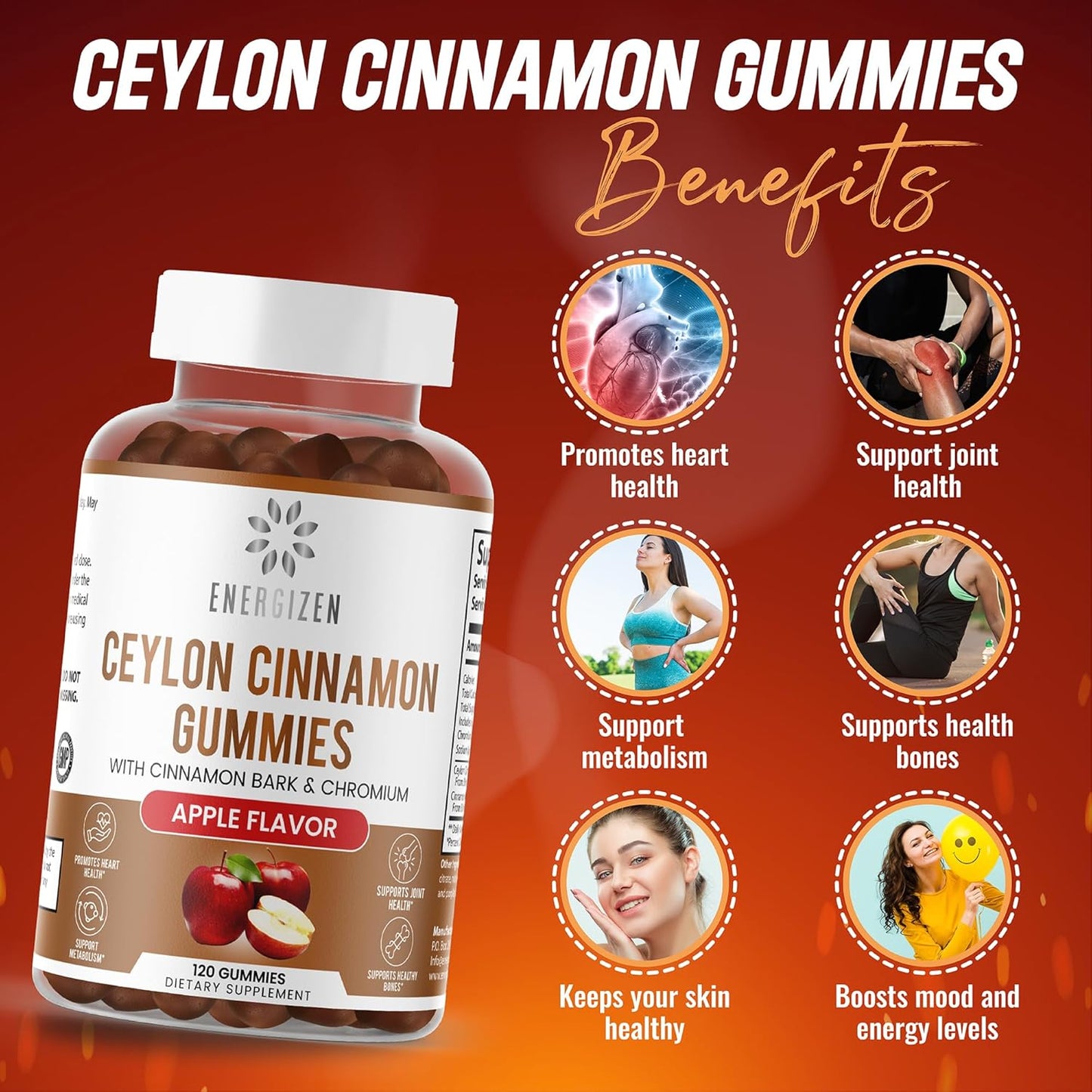 Antioxidant-Rich Cinnamon + Chromium Vegan Gummies - 120 Count - Joint & Brain Support, Sugar-Free, Non-GMO, Gluten-Free - Apple Flavor