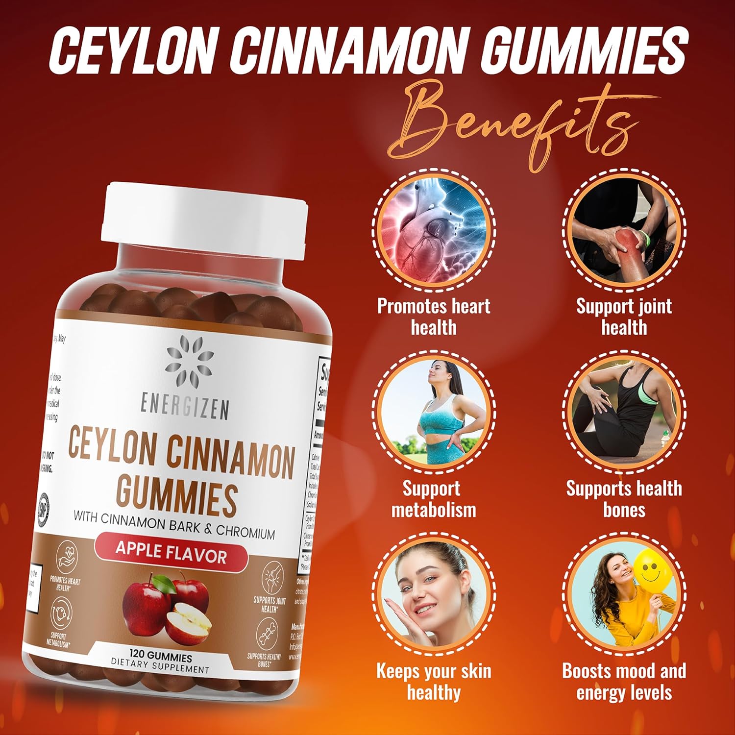 Antioxidant-Rich Cinnamon + Chromium Vegan Gummies - 120 Count - Joint & Brain Support, Sugar-Free, Non-GMO, Gluten-Free - Apple Flavor
