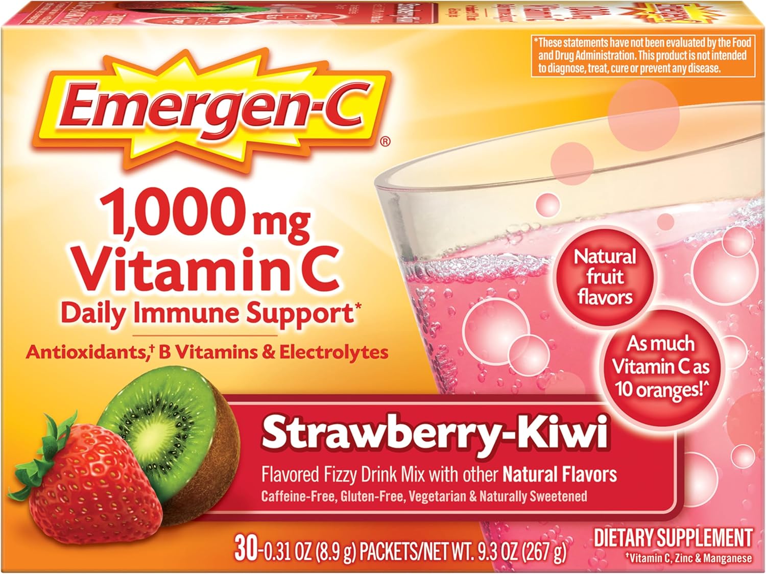 Antioxidant-Rich Emergen-C 1000mg Vitamin C Powder, B Vitamins, Electrolytes, Immune Support Supplement - Strawberry Kiwi Flavor, 30 Packets