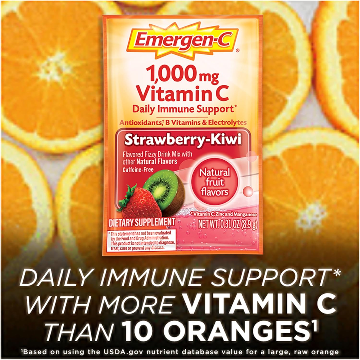 Antioxidant-Rich Emergen-C 1000mg Vitamin C Powder, B Vitamins, Electrolytes, Immune Support Supplement - Strawberry Kiwi Flavor, 30 Packets