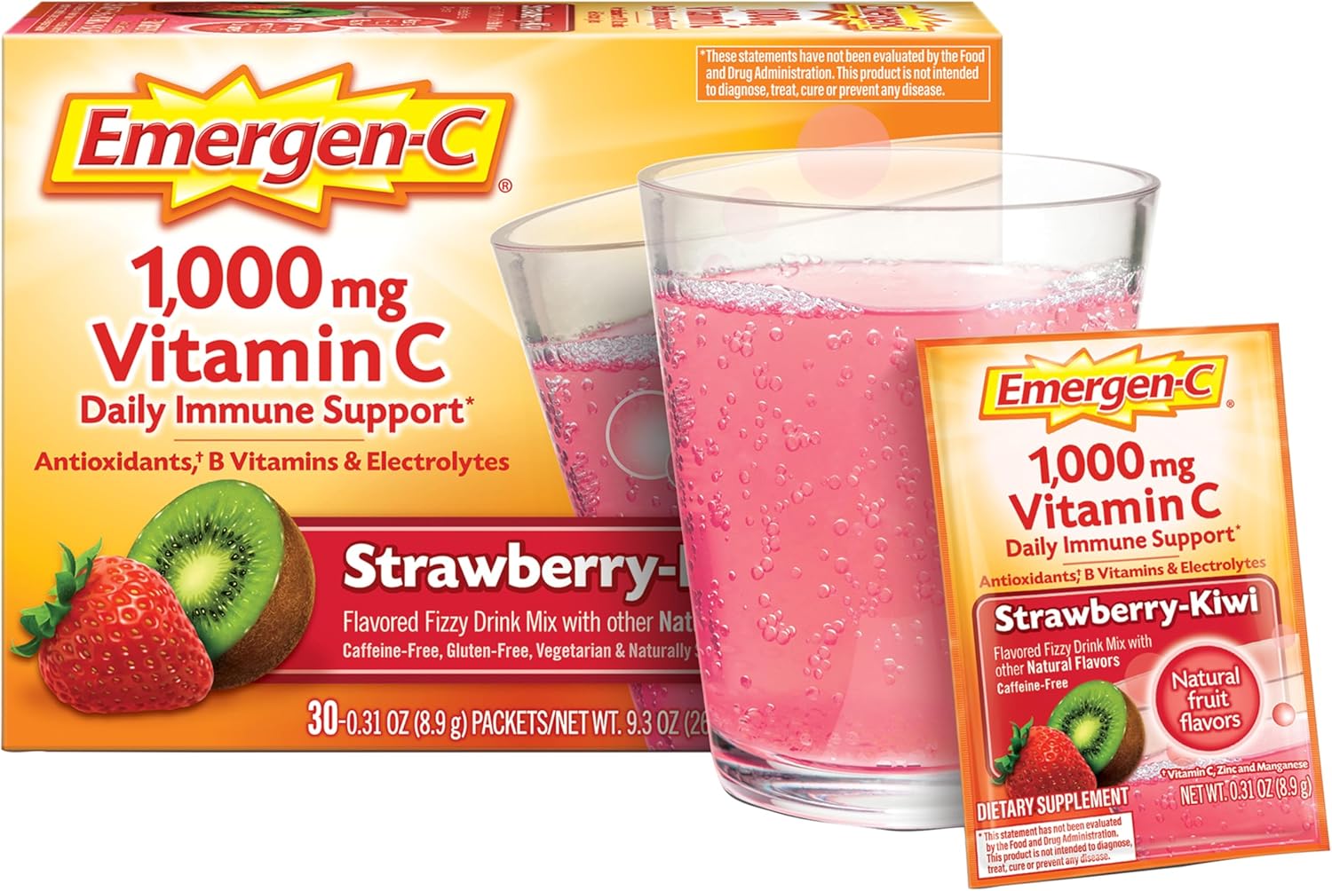 Antioxidant-Rich Emergen-C 1000mg Vitamin C Powder, B Vitamins, Electrolytes, Immune Support Supplement - Strawberry Kiwi Flavor, 30 Packets