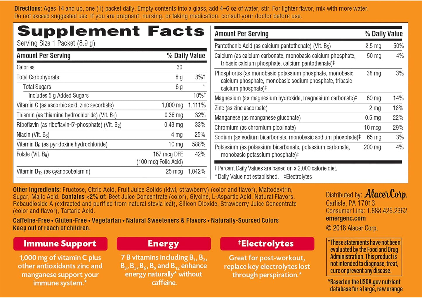 Antioxidant-Rich Emergen-C 1000mg Vitamin C Powder, B Vitamins, Electrolytes, Immune Support Supplement - Strawberry Kiwi Flavor, 30 Packets