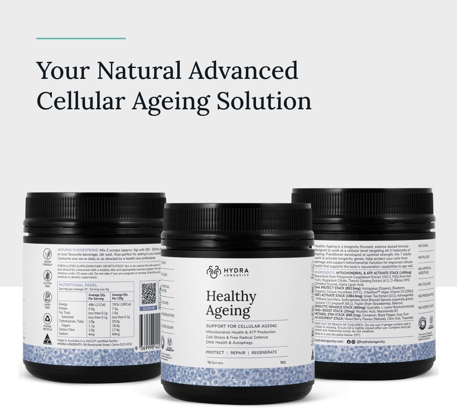 Antioxidant-Rich Longevity Supplement Powder with Quercetin, Resveratrol, and Nrf2 Activators - Vegan and Non-GMO - 90g (15 Servings)