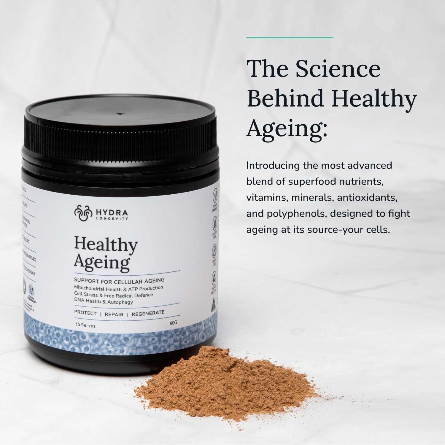 Antioxidant-Rich Longevity Supplement Powder with Quercetin, Resveratrol, and Nrf2 Activators - Vegan and Non-GMO - 90g (15 Servings)