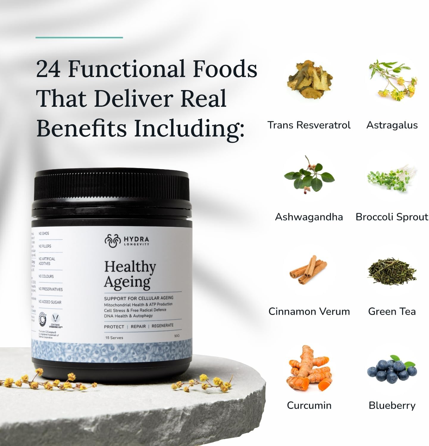 Antioxidant-Rich Longevity Supplement Powder with Quercetin, Resveratrol, and Nrf2 Activators - Vegan and Non-GMO - 90g (15 Servings)