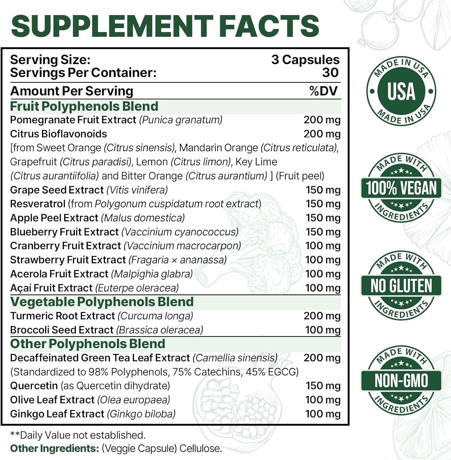 Antioxidant-Rich Polyphenols Supplement with Quercetin, Resveratrol, Turmeric, and Green Tea - 90 Capsules for Immune Support and Energy Boost