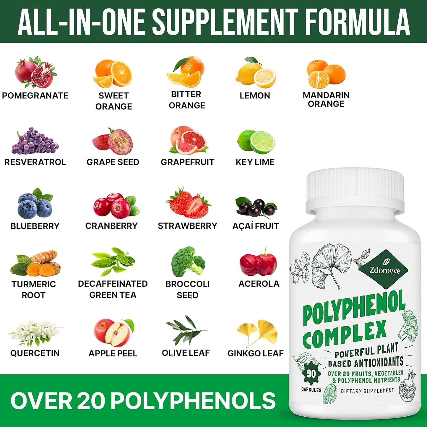 Antioxidant-Rich Polyphenols Supplement with Quercetin, Resveratrol, Turmeric, and Green Tea - 90 Capsules for Immune Support and Energy Boost