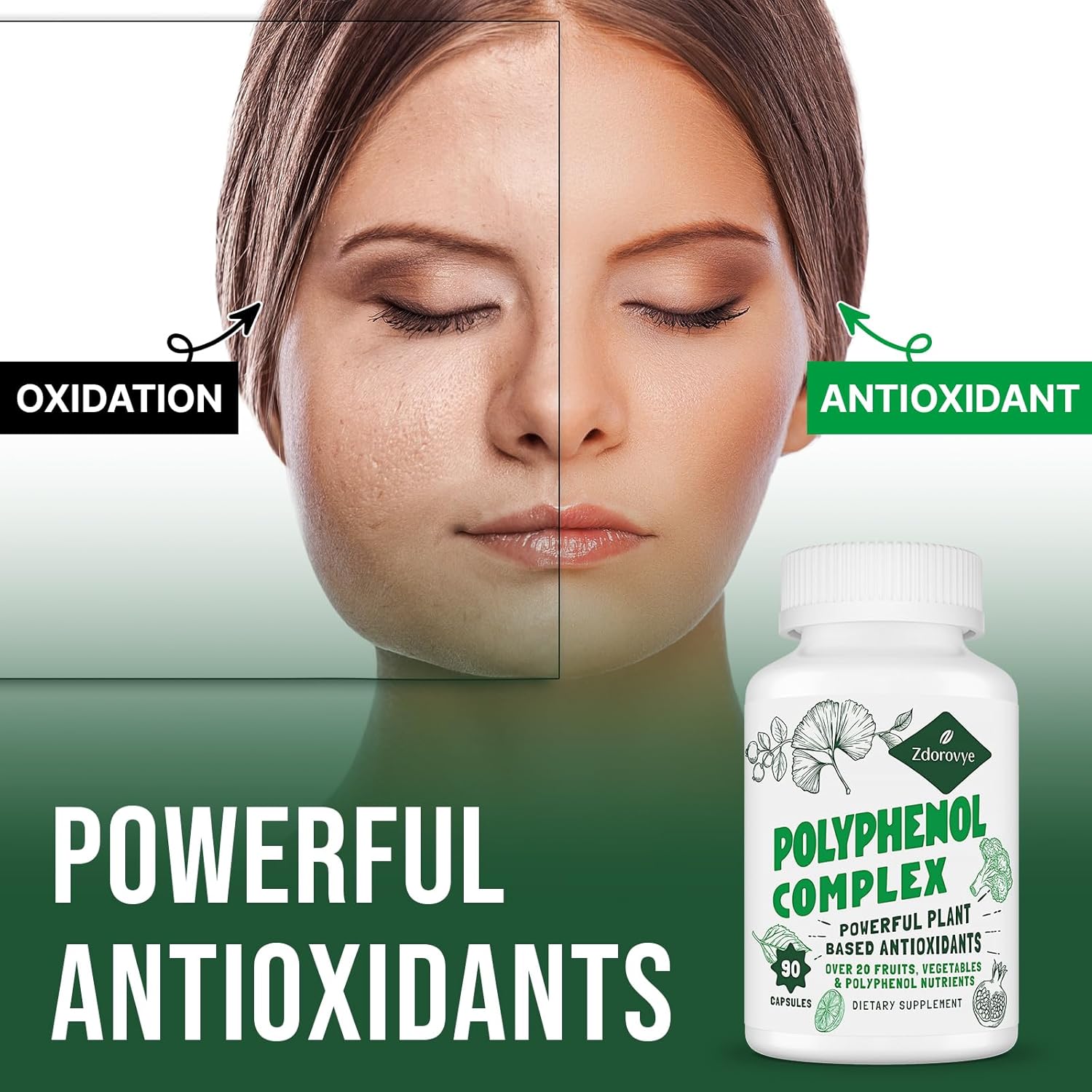 Antioxidant-Rich Polyphenols Supplement with Quercetin, Resveratrol, Turmeric, and Green Tea - 90 Capsules for Immune Support and Energy Boost