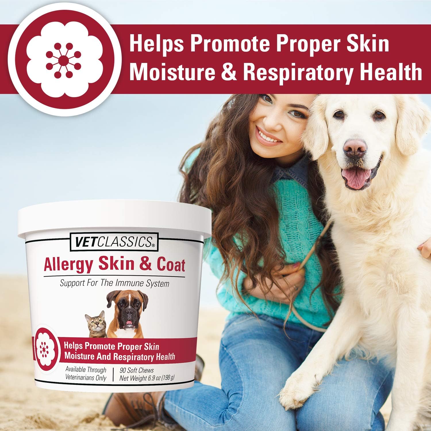 Antioxidant-Rich Skin & Coat Support Soft Chews for Cats & Dogs - Allergy Relief Supplement for Pet Respiratory Health - 90 Ct.