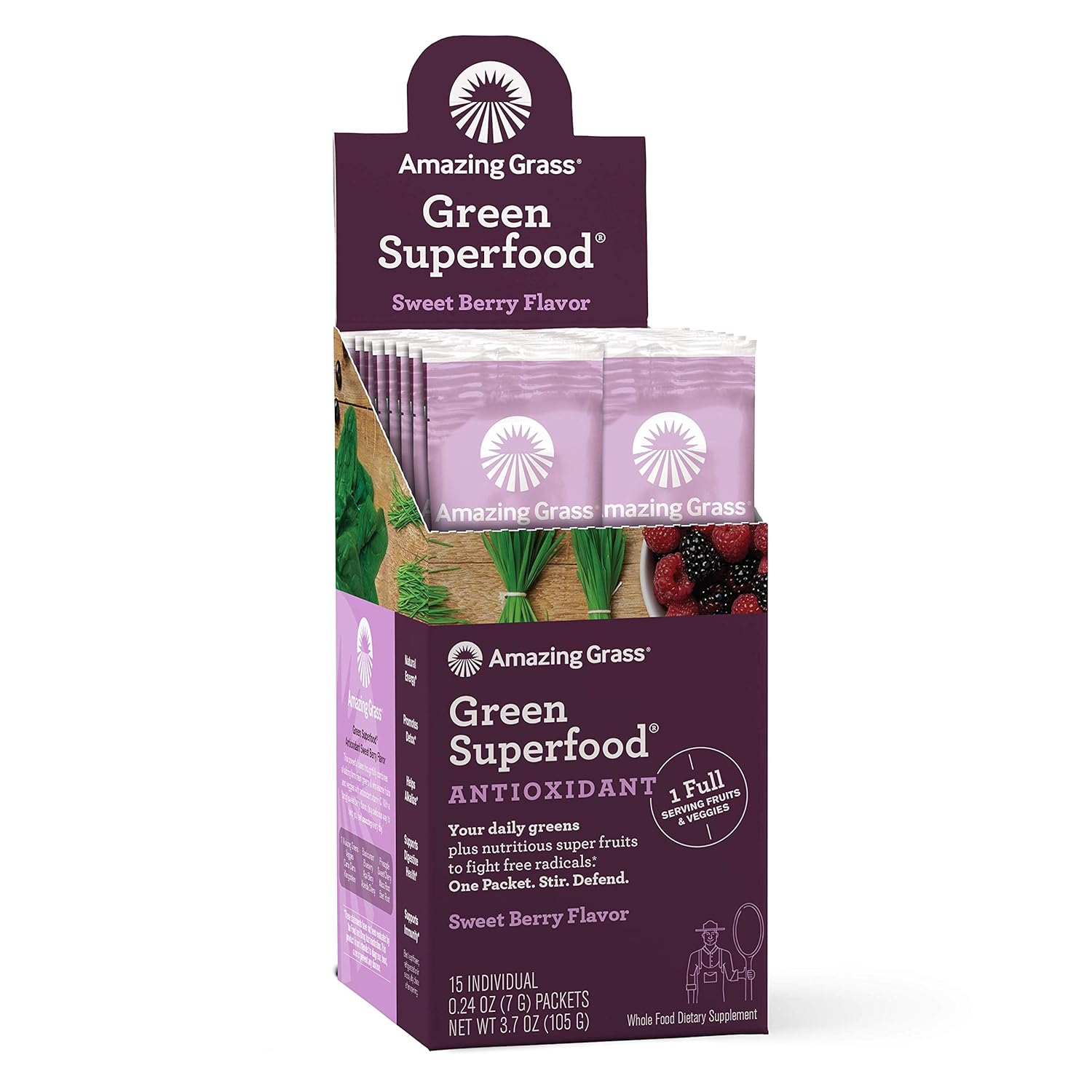 Antioxidant-Rich Super Greens Powder with Spirulina, Elderberry, Probiotics - Sweet Berry Flavor, 15 Servings