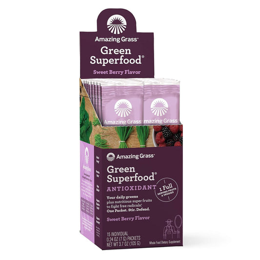 Antioxidant-Rich Super Greens Powder with Spirulina, Elderberry, Probiotics - Sweet Berry Flavor, 15 Servings