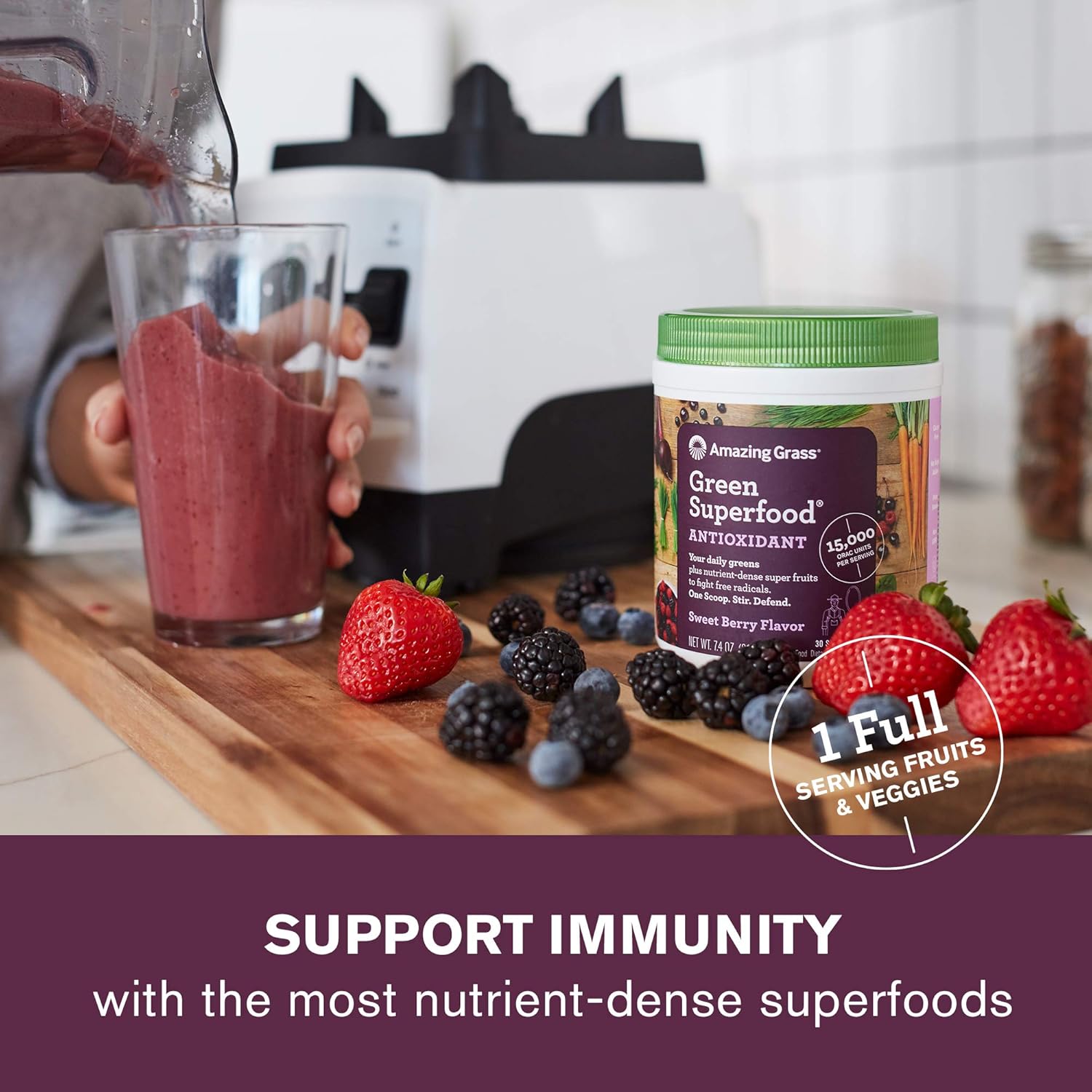 Antioxidant-Rich Super Greens Powder with Spirulina, Elderberry, Probiotics - Sweet Berry Flavor, 15 Servings