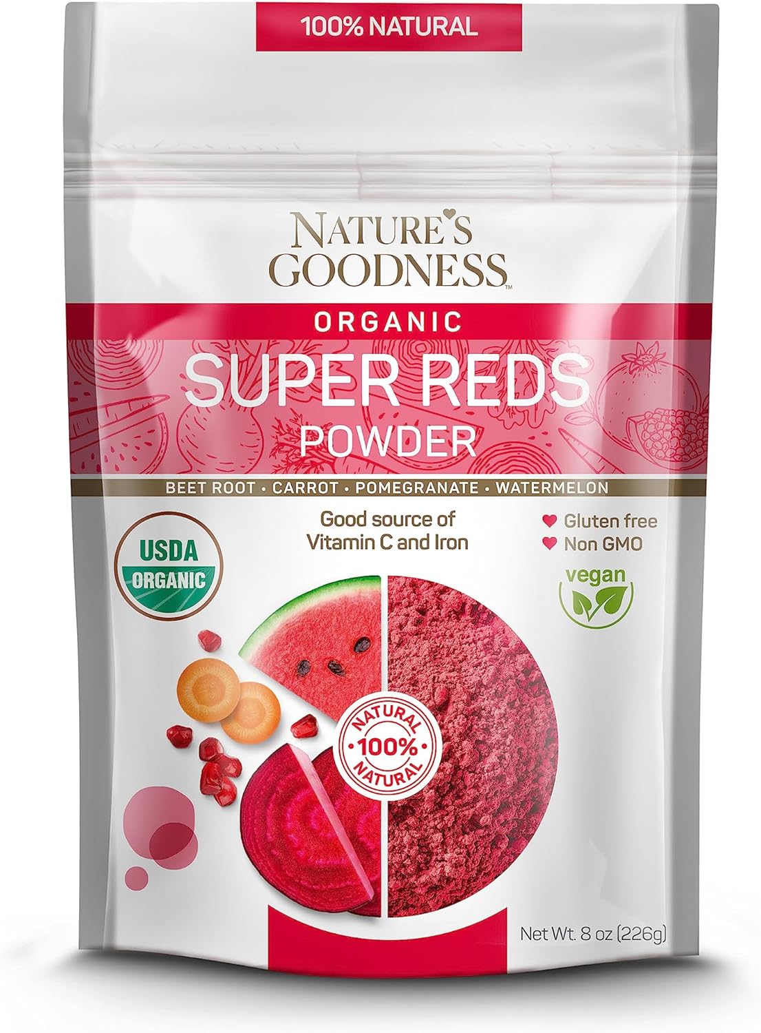 Antioxidant-Rich Super Reds Powder Blend with Beet Root, Carrot, Pomegranate, Watermelon - Energy Boost, Heart Health, Detox - 16 Servings