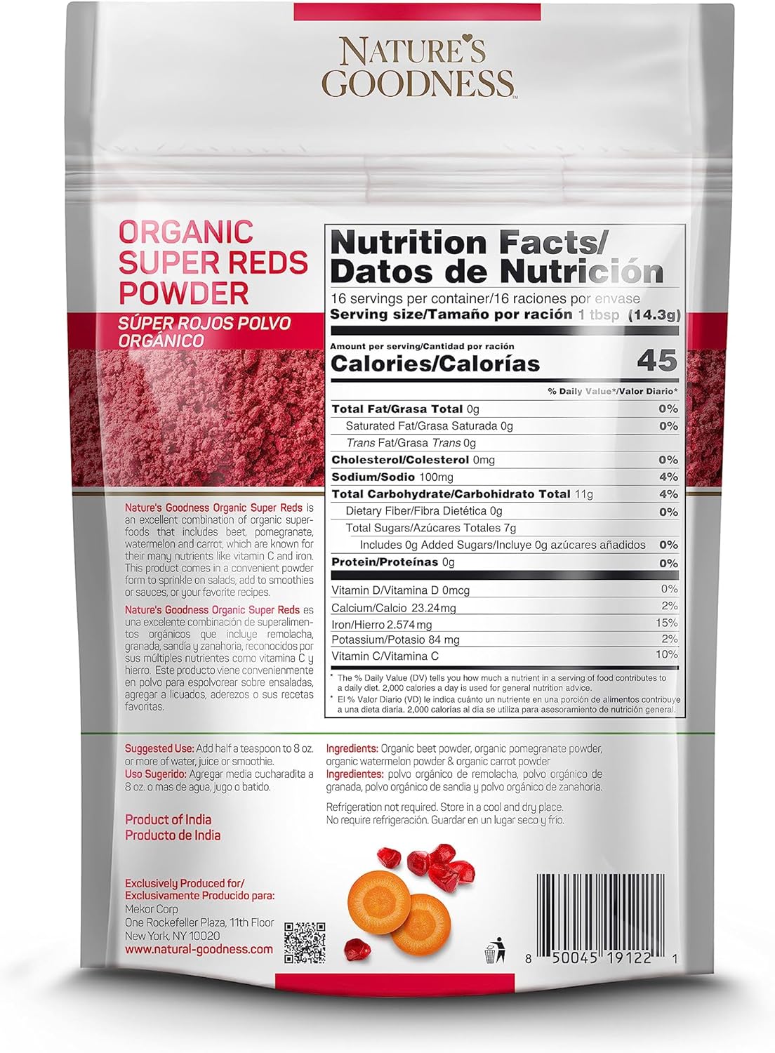Antioxidant-Rich Super Reds Powder Blend with Beet Root, Carrot, Pomegranate, Watermelon - Energy Boost, Heart Health, Detox - 16 Servings